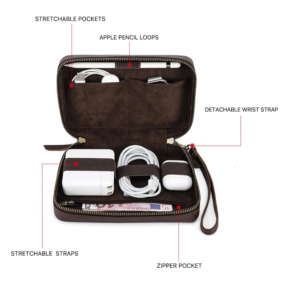 Organized travel case with various compartments and accessories on a white background