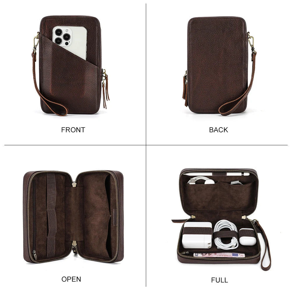 Brown leather crossbody bag shown from front, back, open, and full views.