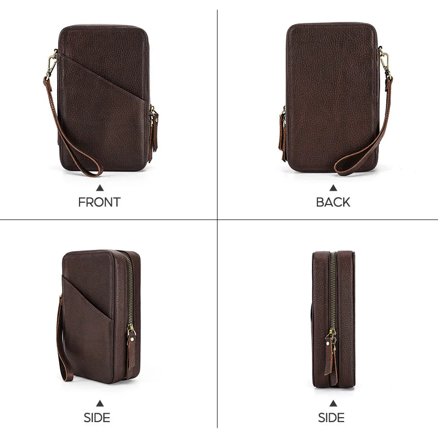 Brown leather crossbody bag shown from front, back, side, and another side view on a white background.