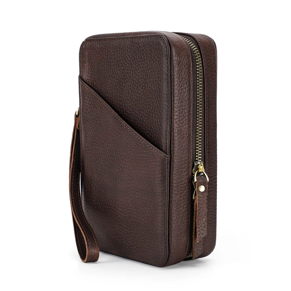 Brown leather wallet with a zipper on a white background