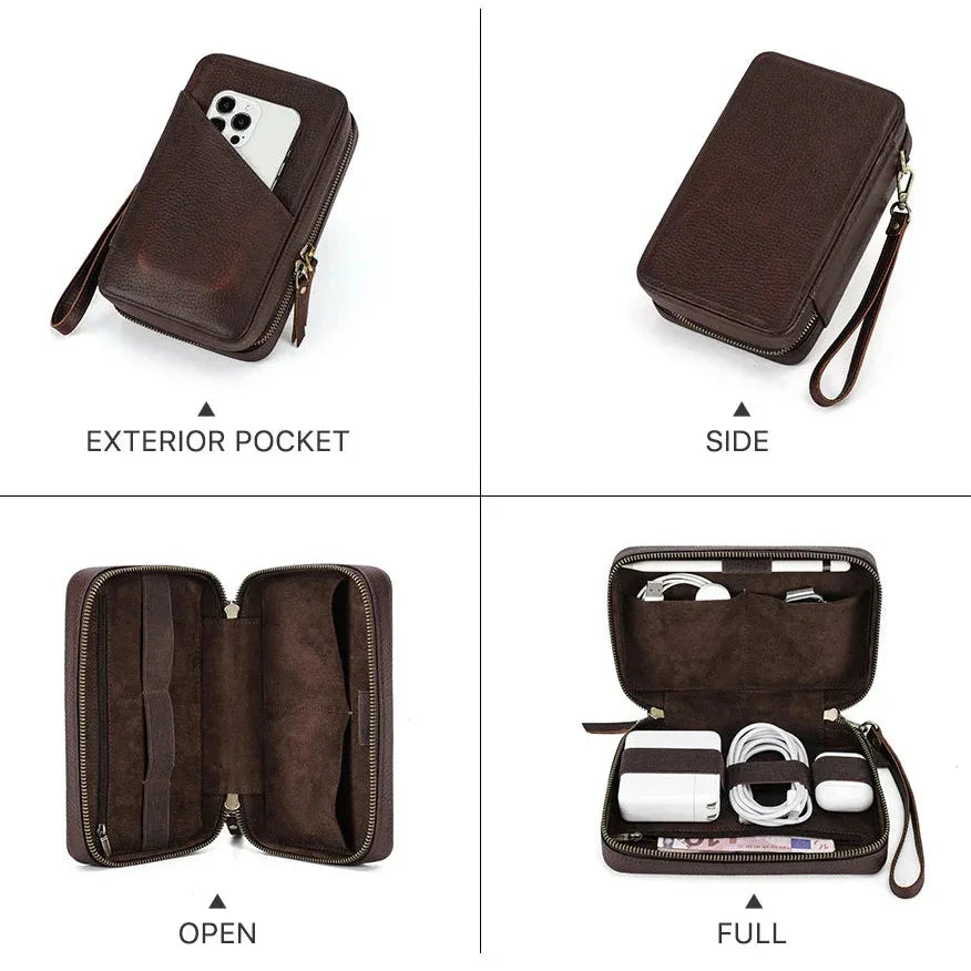 Men’s Leather Tech Organizer – Cable & Gadget Travel Pouch - Coffee