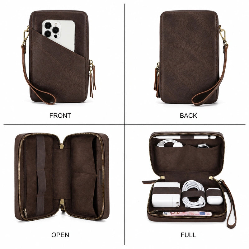 Men’s Leather Tech Organizer – Cable & Gadget Travel Pouch - Coffee