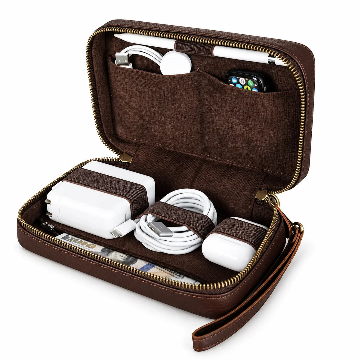 Men’s Leather Tech Organizer – Cable & Gadget Travel Pouch - Coffee