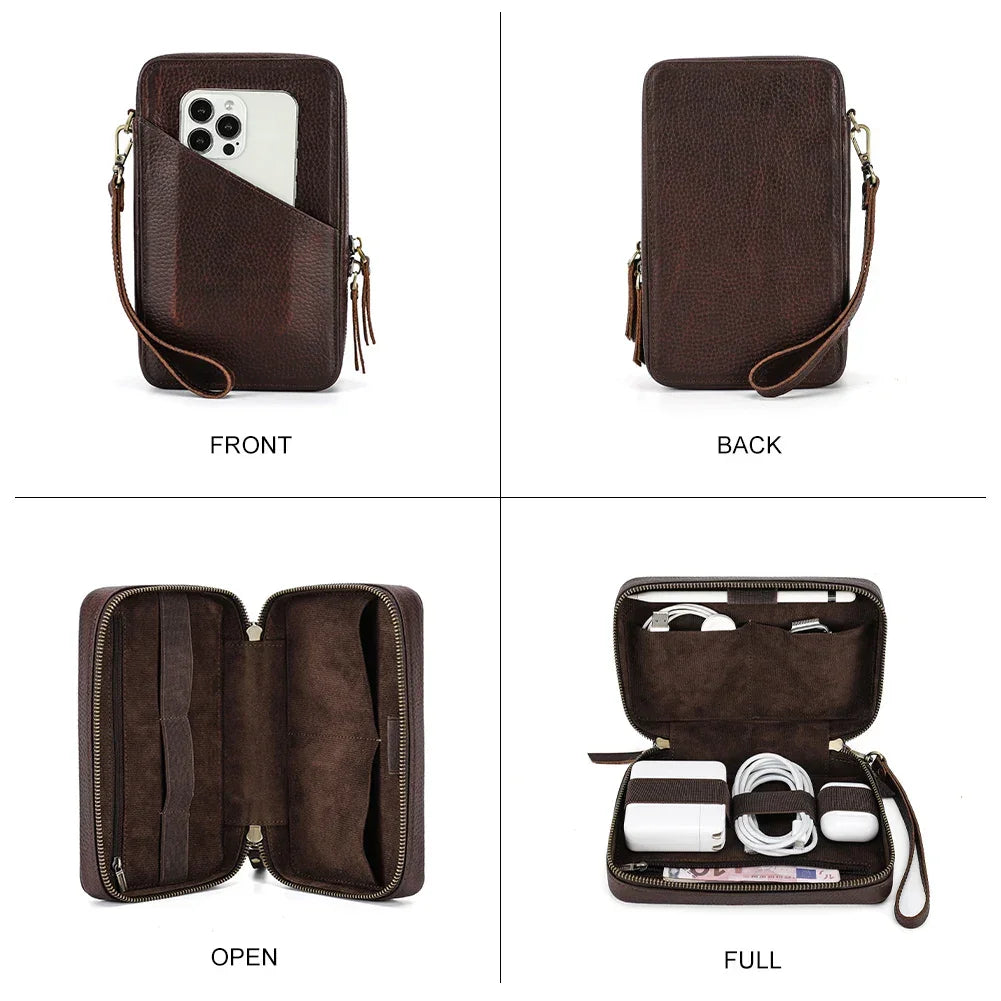 Men’s Leather Tech Organizer – Cable & Gadget Travel Pouch - Coffee