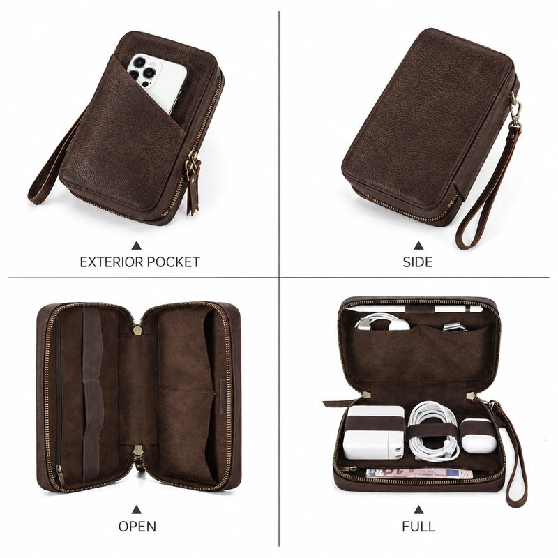 Men’s Leather Tech Organizer – Cable & Gadget Travel Pouch - Coffee
