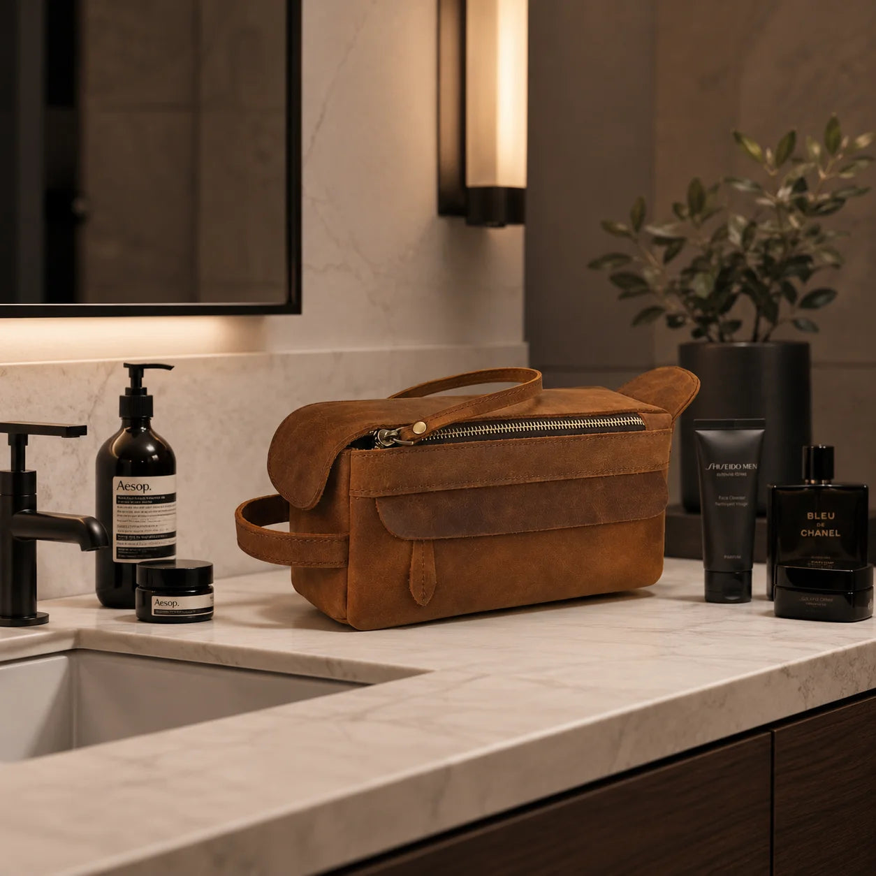 Men’s Leather Toiletry Bag – Compact Travel Dopp Kit