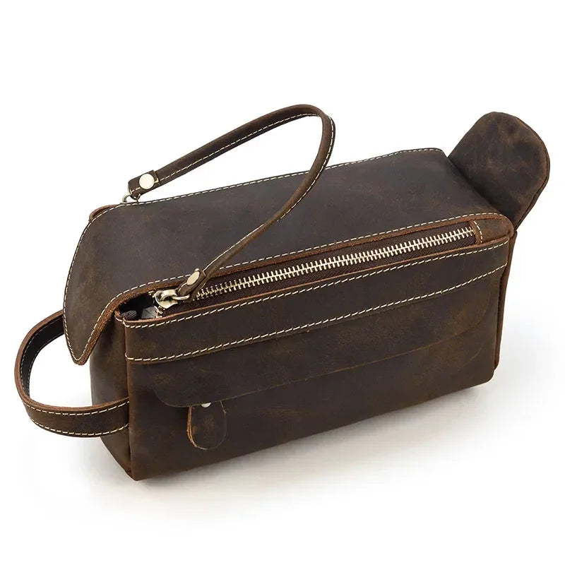 Men’s Leather Toiletry Bag – Compact Travel Dopp Kit - Dark brown