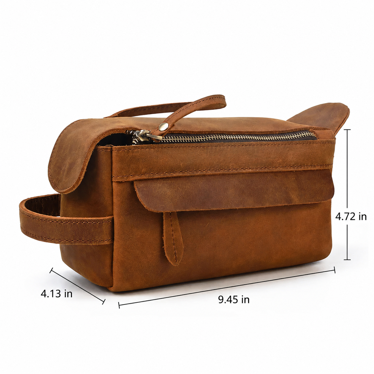 Brown leather bag with dimensions indicated on a white background