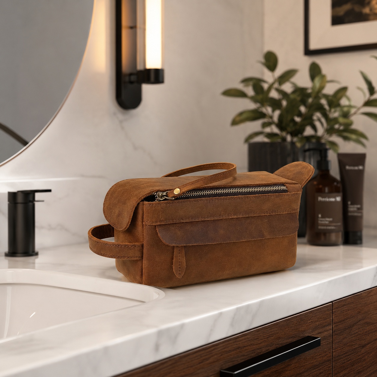 Brown leather toiletry bag on a bathroom counter with a mirror and plants in the background.