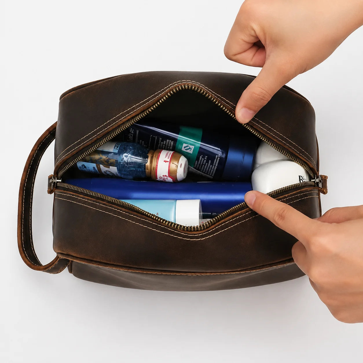 Men’s Leather Toiletry Bag - Double-Zip Dopp Kit