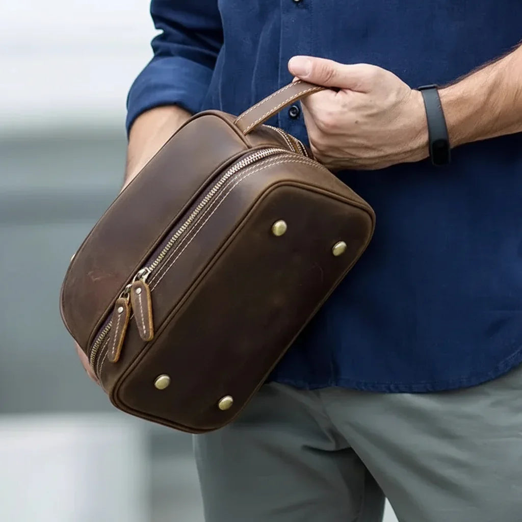 Men’s Leather Toiletry Bag - Double-Zip Dopp Kit