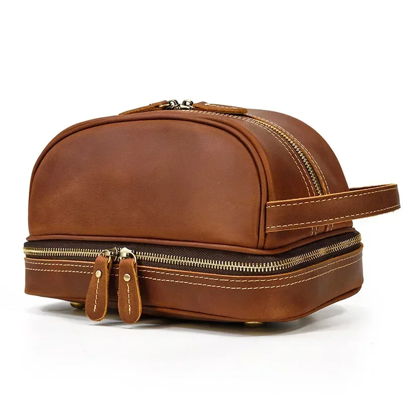 Men’s Leather Toiletry Bag - Double-Zip Dopp Kit - Light brown