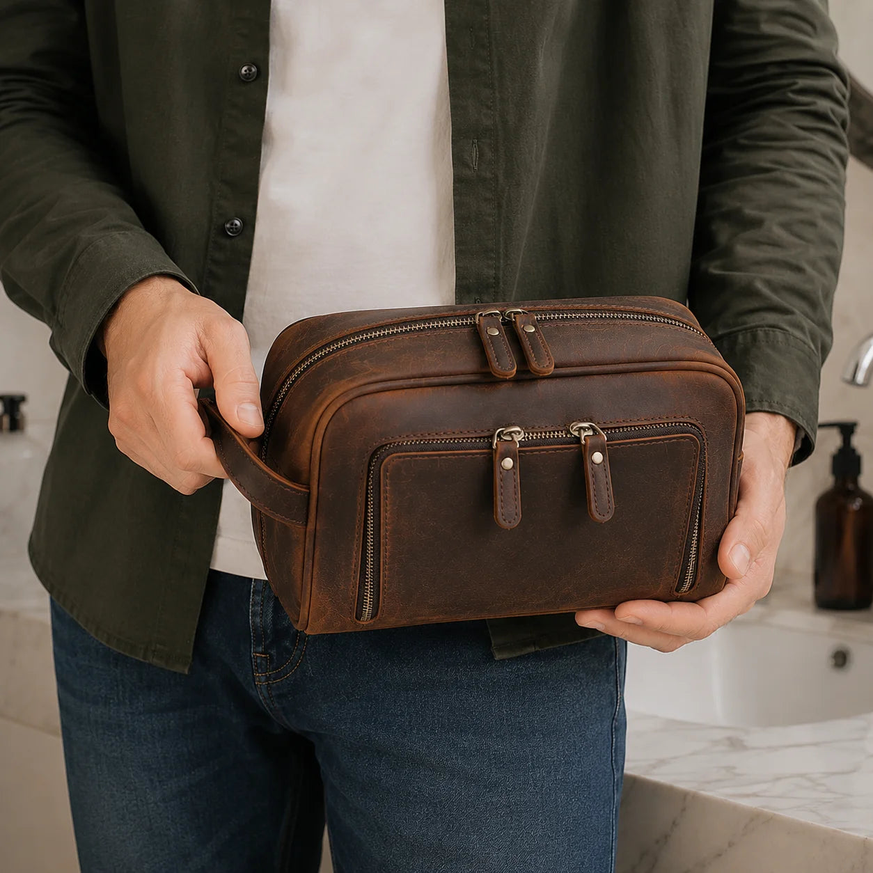 Men’s Leather Toiletry Bag - Front Pocket Dopp Kit