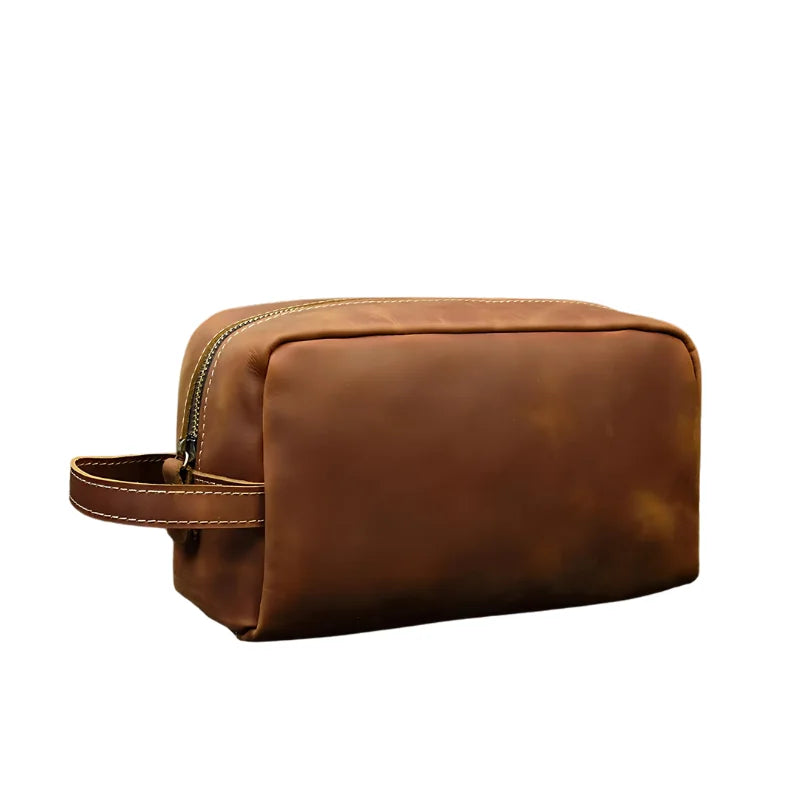 Men’s Leather Toiletry Bag - Full-Grain Dopp Kit for Travel - Light Brown