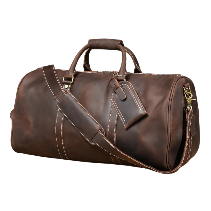 Men’s Leather Travel Duffle Bag – Vintage Weekender with Shoe Compartment