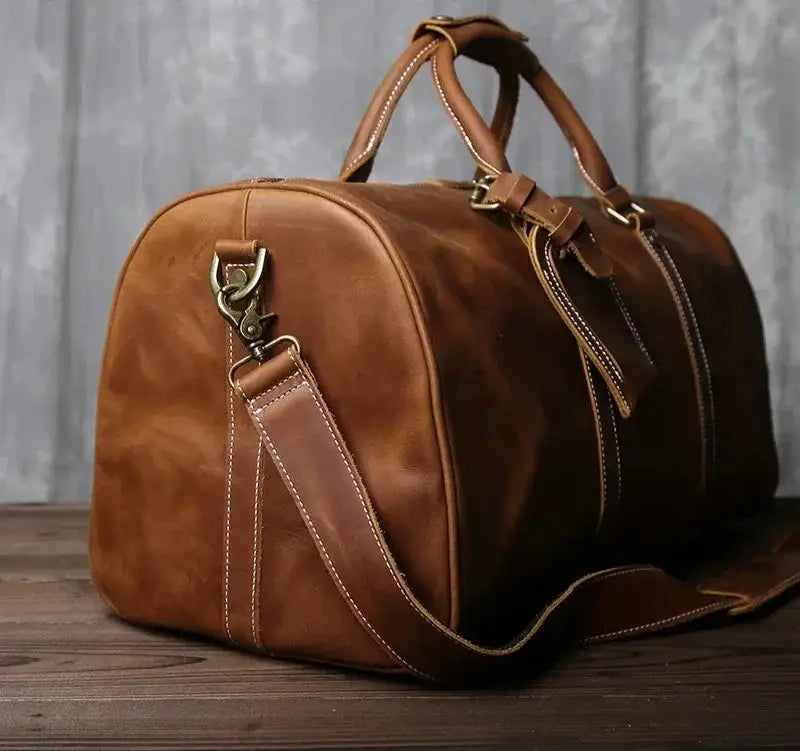 Men’s Leather Travel Duffle Bag – Vintage Weekender with Shoe Compartment