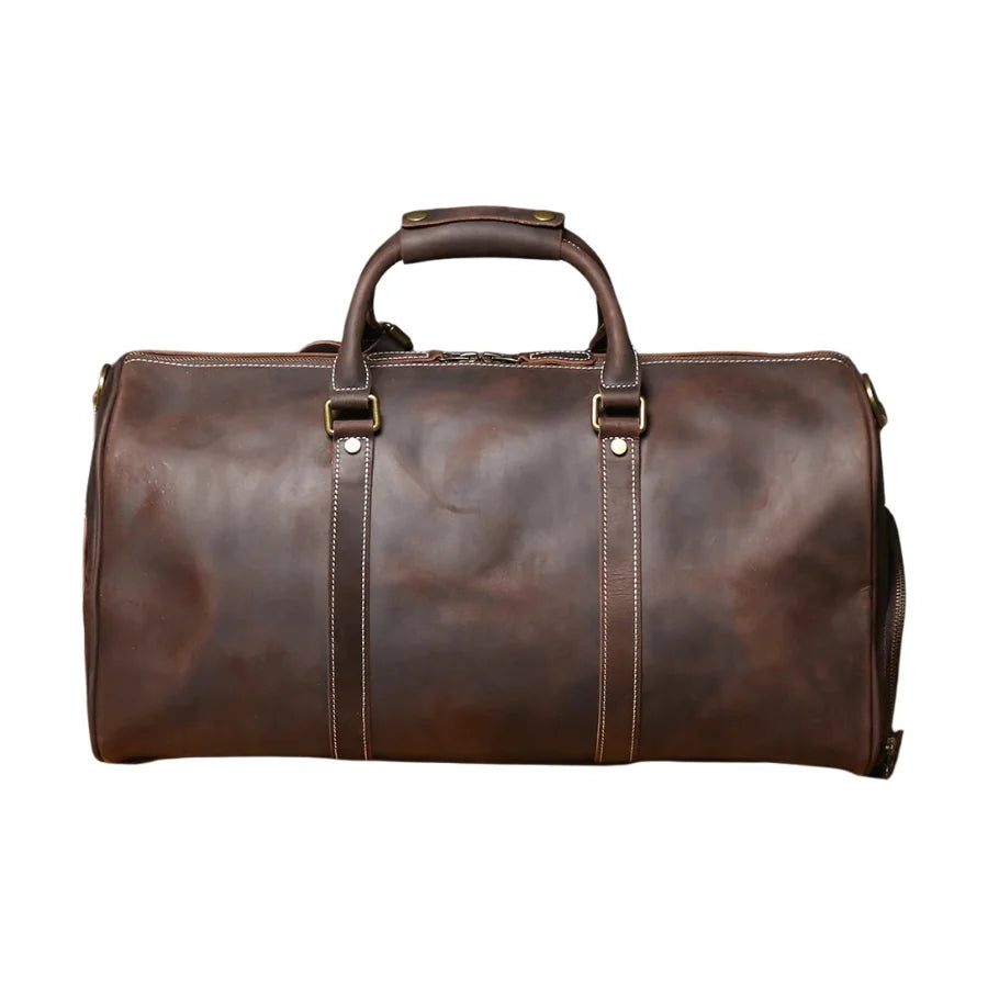 Men’s Leather Travel Duffle Bag – Vintage Weekender with Shoe Compartment