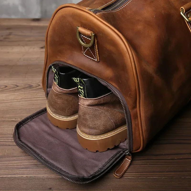 Men’s Leather Travel Duffle Bag – Vintage Weekender with Shoe Compartment