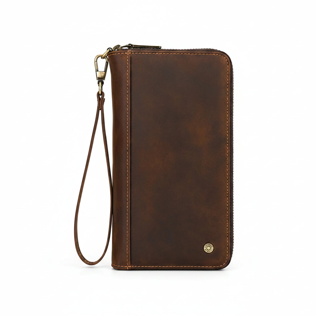 Men’s Leather Wallet - Zip-Around Wristlet with Phone Pocket