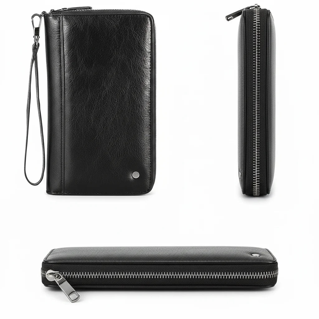 Men’s Leather Wallet - Zip-Around Wristlet with Phone Pocket