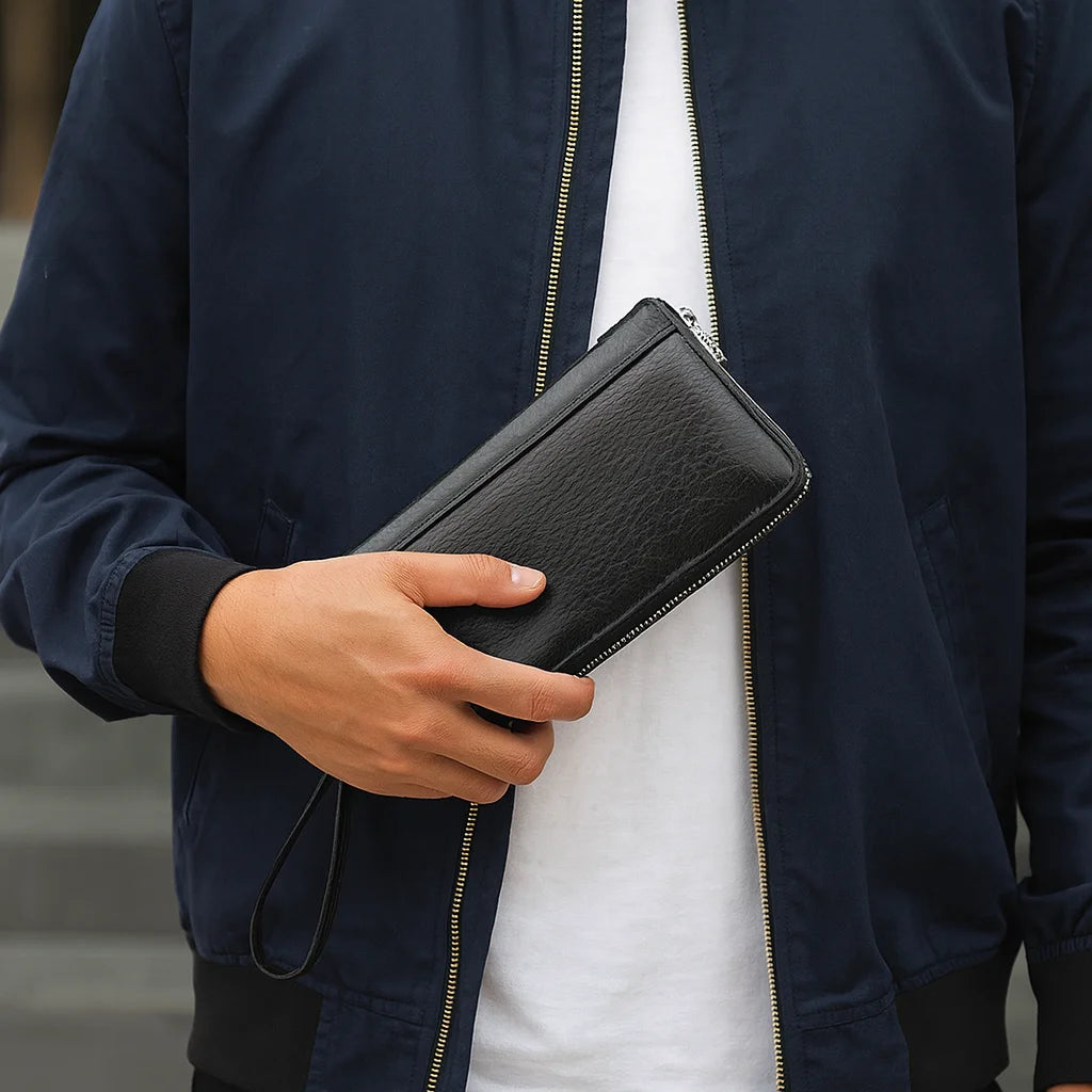 Men’s Leather Wallet - Zip-Around Wristlet with Phone Pocket