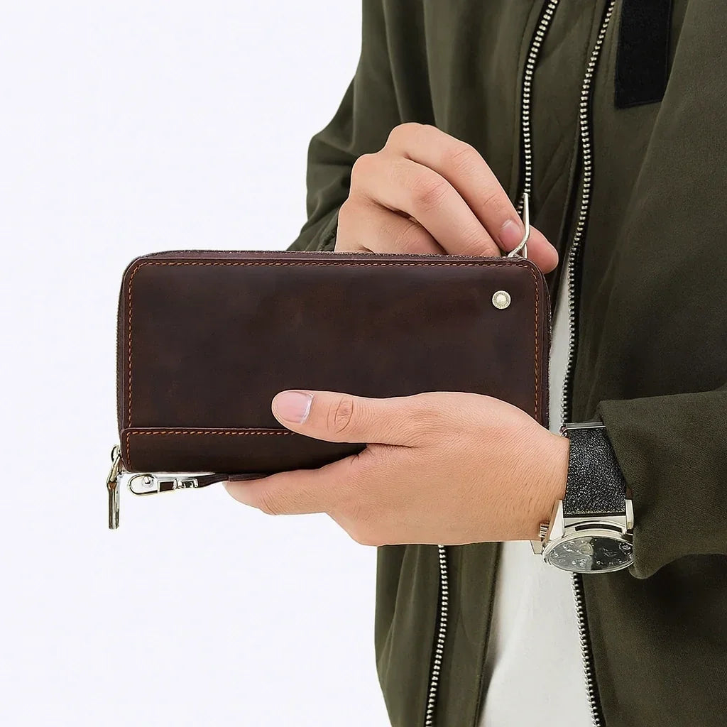 Men’s Leather Wallet - Zip-Around Wristlet with Phone Pocket