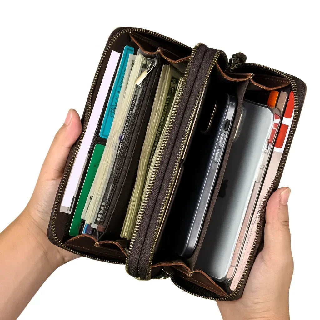 Men’s Leather Wallet - Zip-Around Wristlet with Phone Pocket