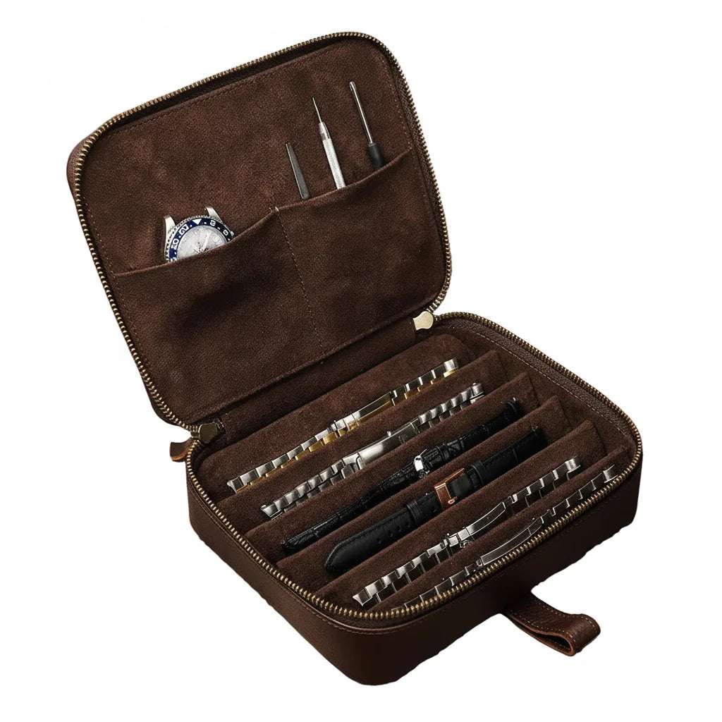 Men’s Leather Watch Case - 6-Slot Strap Organizer - Coffee