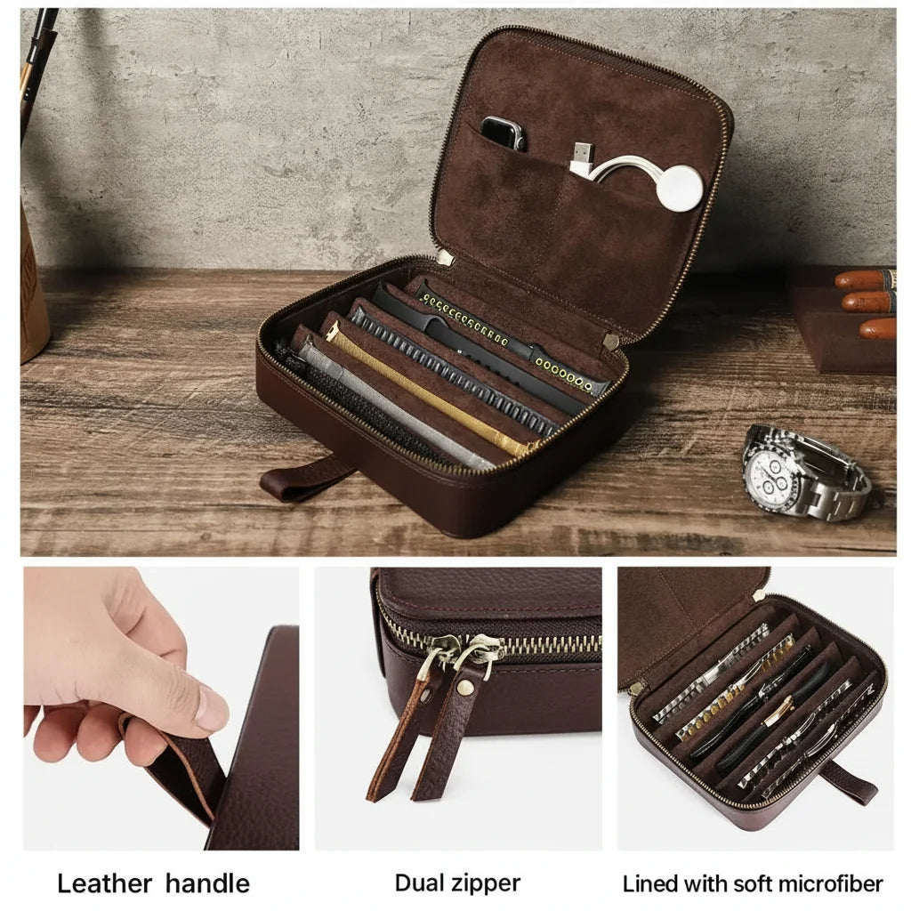 Men’s Leather Watch Case - 6-Slot Strap Organizer - Coffee