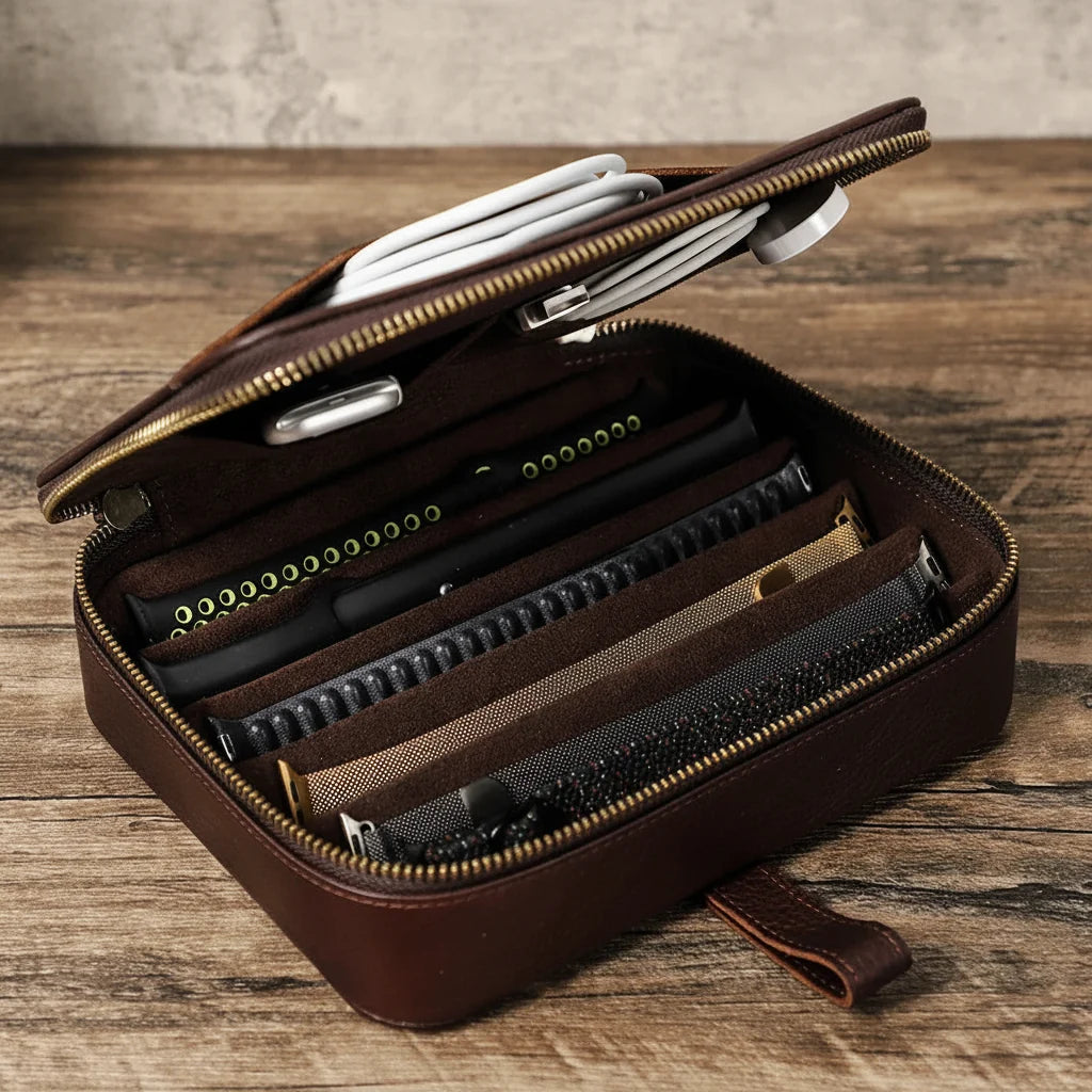 Men’s Leather Watch Case - 6-Slot Strap Organizer - Coffee