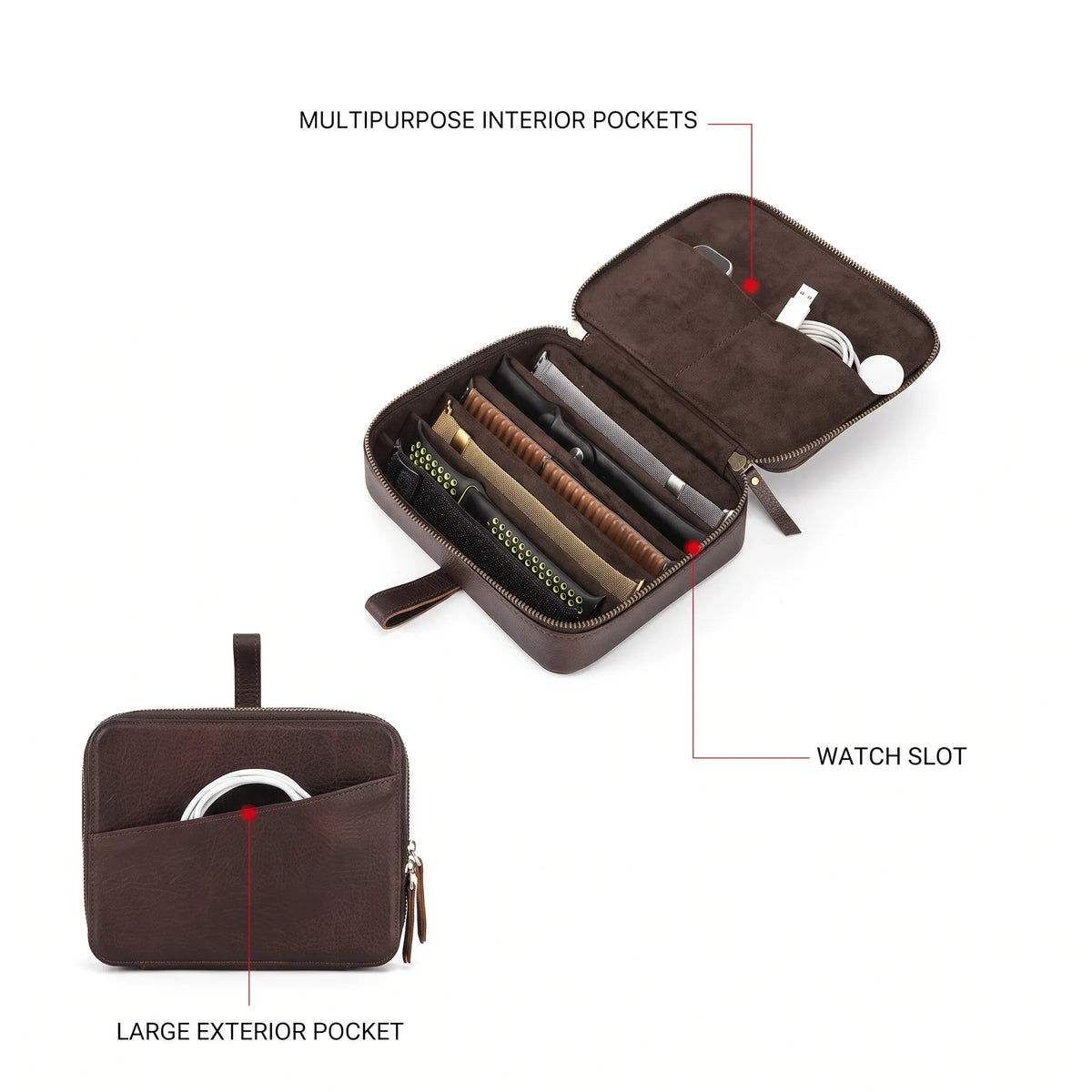 Men’s Leather Watch Case - 6-Slot Strap Organizer - Coffee