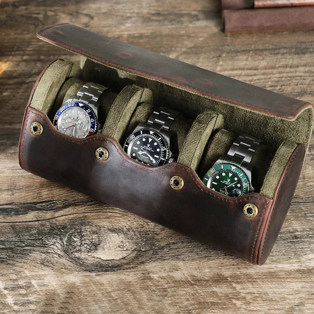 Round Leather Watch Roll with Slide-Out Cushions