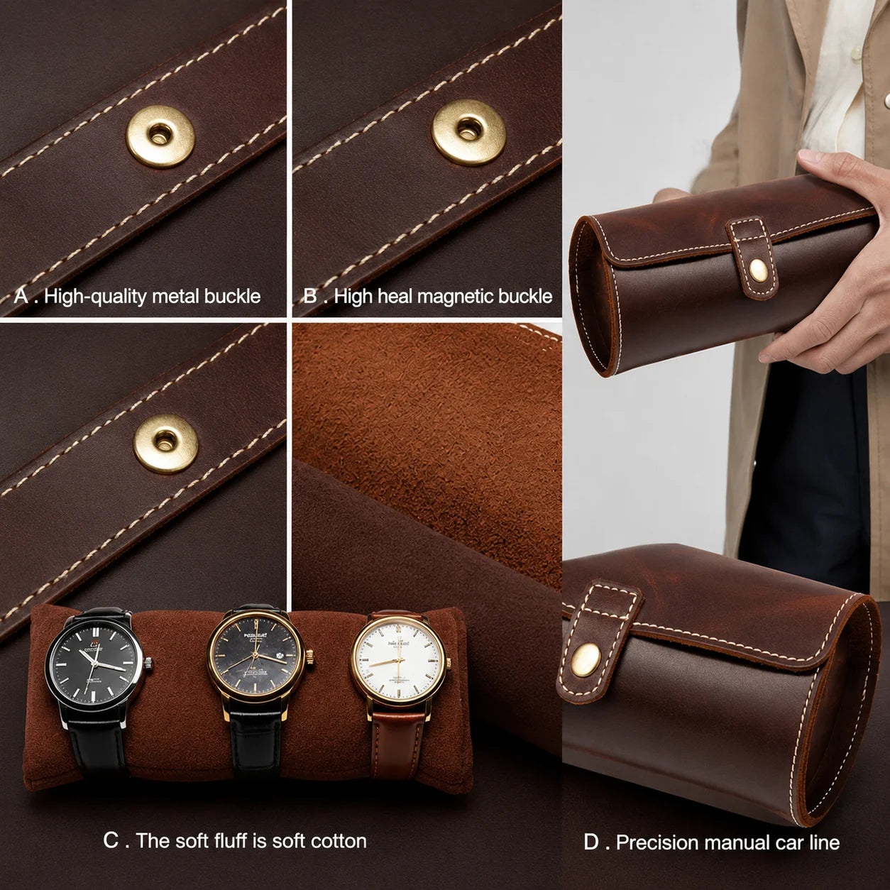 Men’s Leather Watch Roll - Travel Case for 2 or 3 Watches