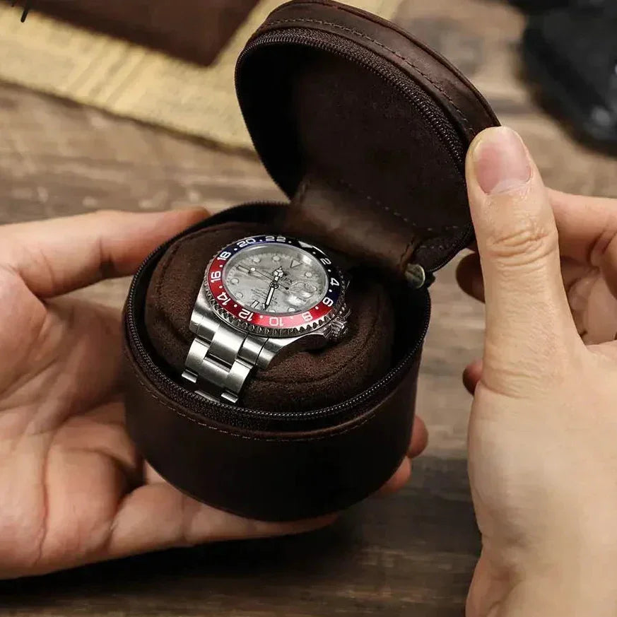 Men’s Leather Watch Travel Case - Round Single-Watch Box