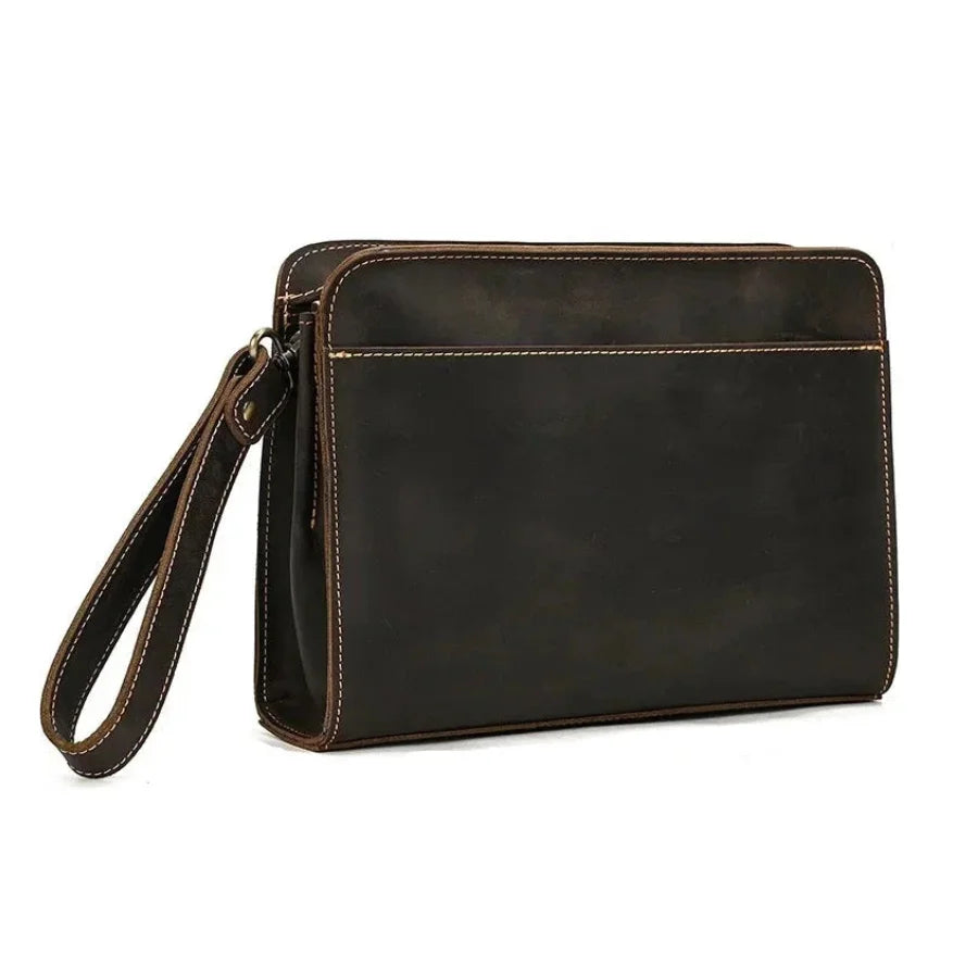 Men’s Leather Wrist Wallet - Zip Pocket Card & Cash Case - Dark Brown