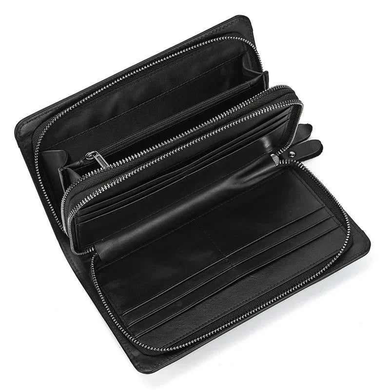 Men’s Leather Zip Wallet - Double Zip Smooth Clutch