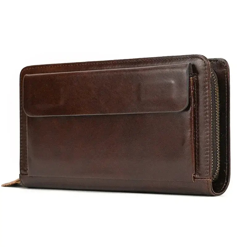 Men’s Leather Zip Wallet – Single or Double Zip Clutch - Double zip - Brown