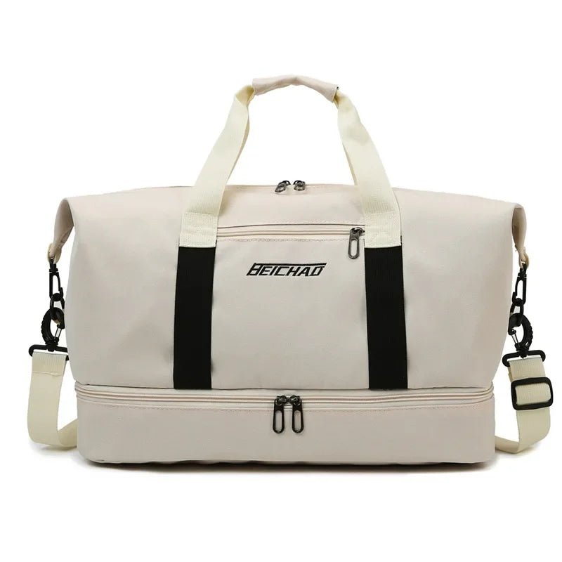 Men’s Nylon Duffle Bag - Trolley Strap Weekender with Shoe Pocket - Beige