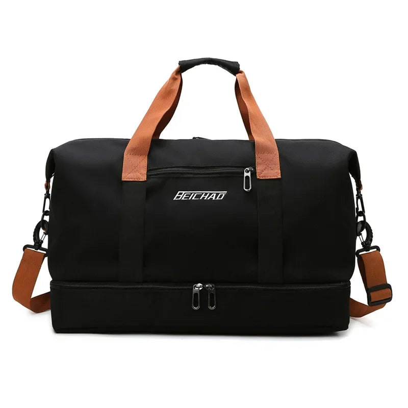 Men’s Nylon Duffle Bag - Trolley Strap Weekender with Shoe Pocket - Black