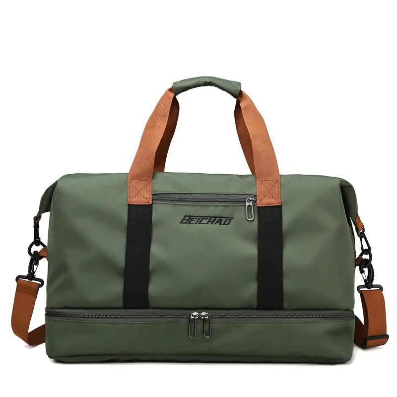 Men’s Nylon Duffle Bag - Trolley Strap Weekender with Shoe Pocket - Green