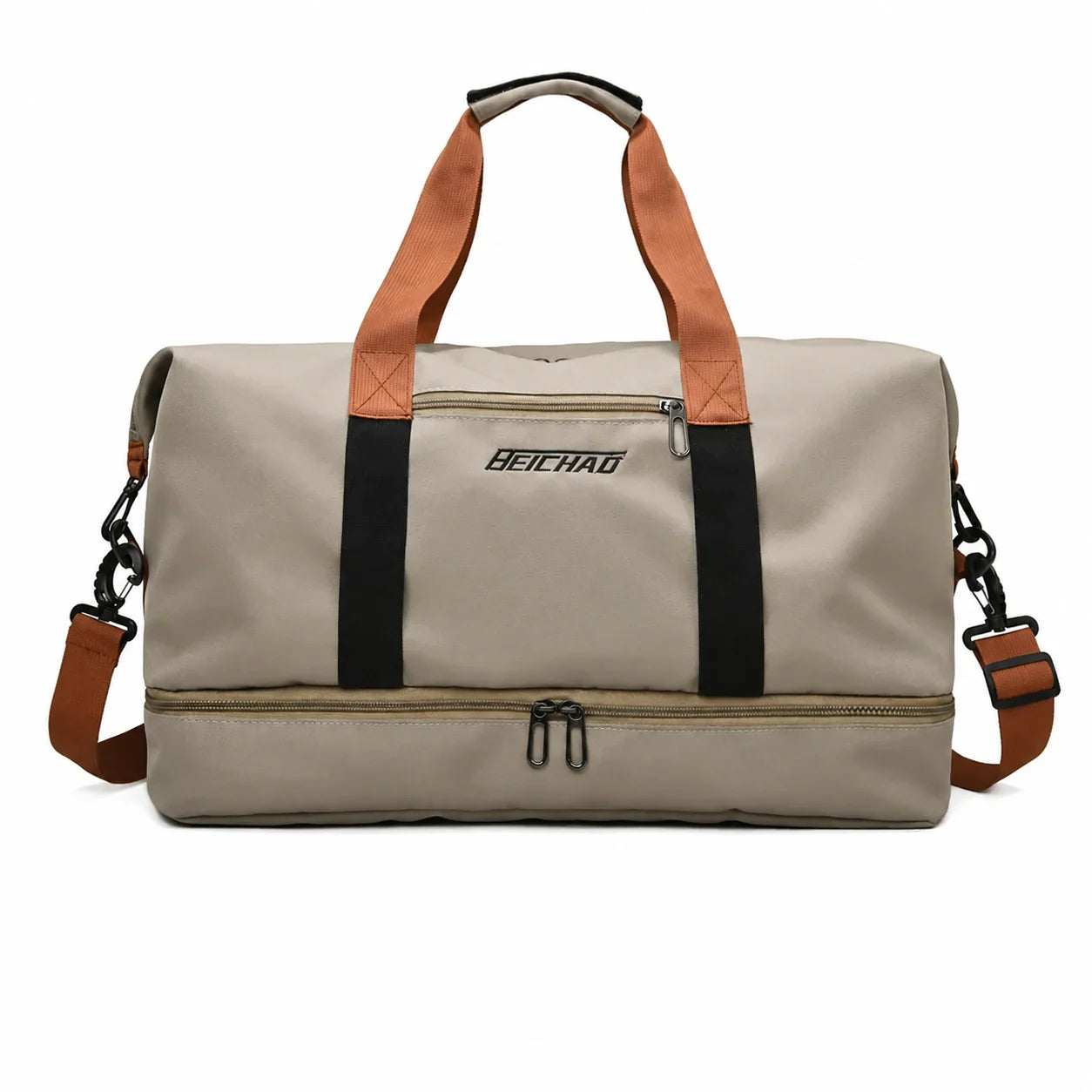 Men’s Nylon Duffle Bag - Trolley Strap Weekender with Shoe Pocket - Tan