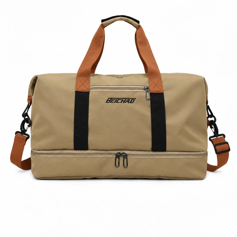 Men’s Nylon Duffle Bag - Trolley Strap Weekender with Shoe Pocket - Light brown