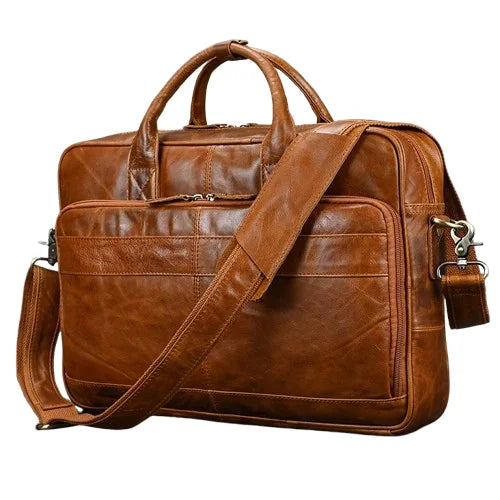 Men’s Polished Leather Briefcase – 15 Inch Professional Office Bag - Brown