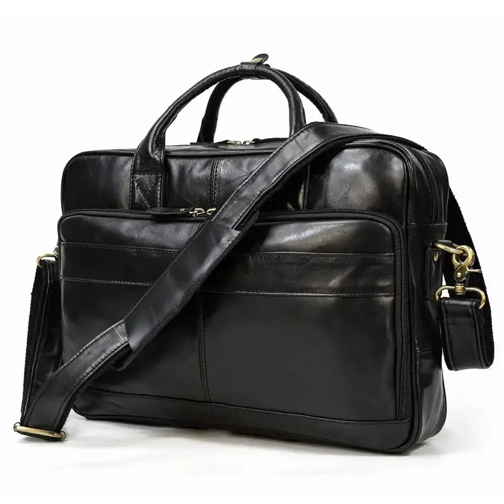 Men’s Polished Leather Briefcase – 15 Inch Professional Office Bag - Black