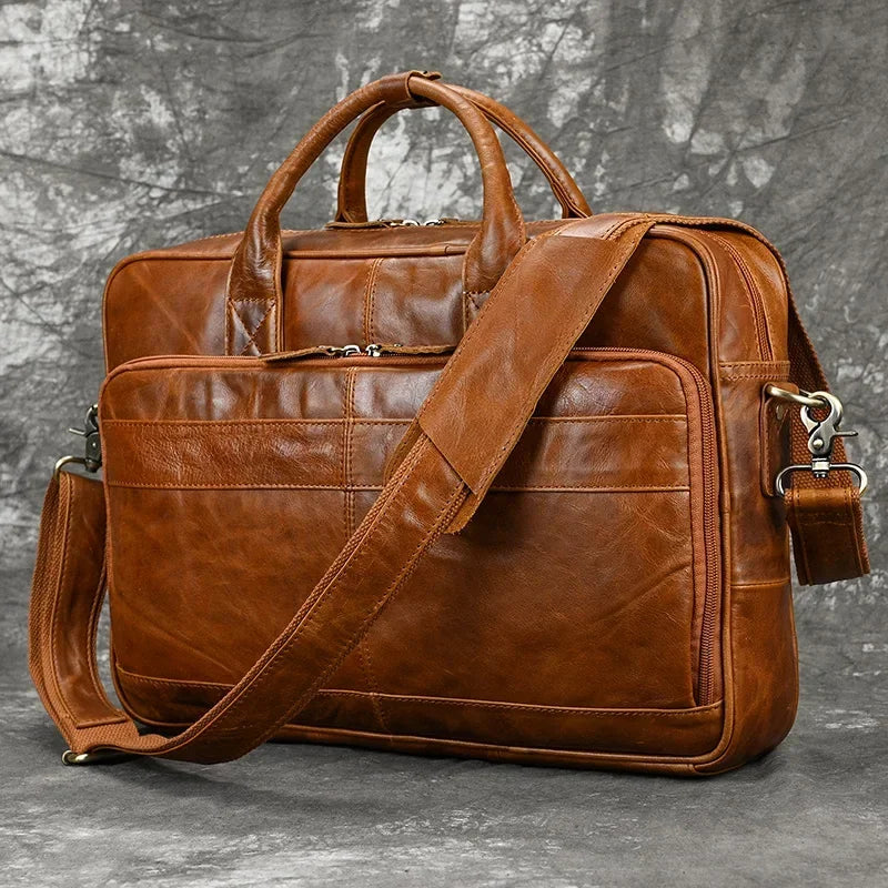 Men’s Polished Leather Briefcase – 15 Inch Professional Office Bag