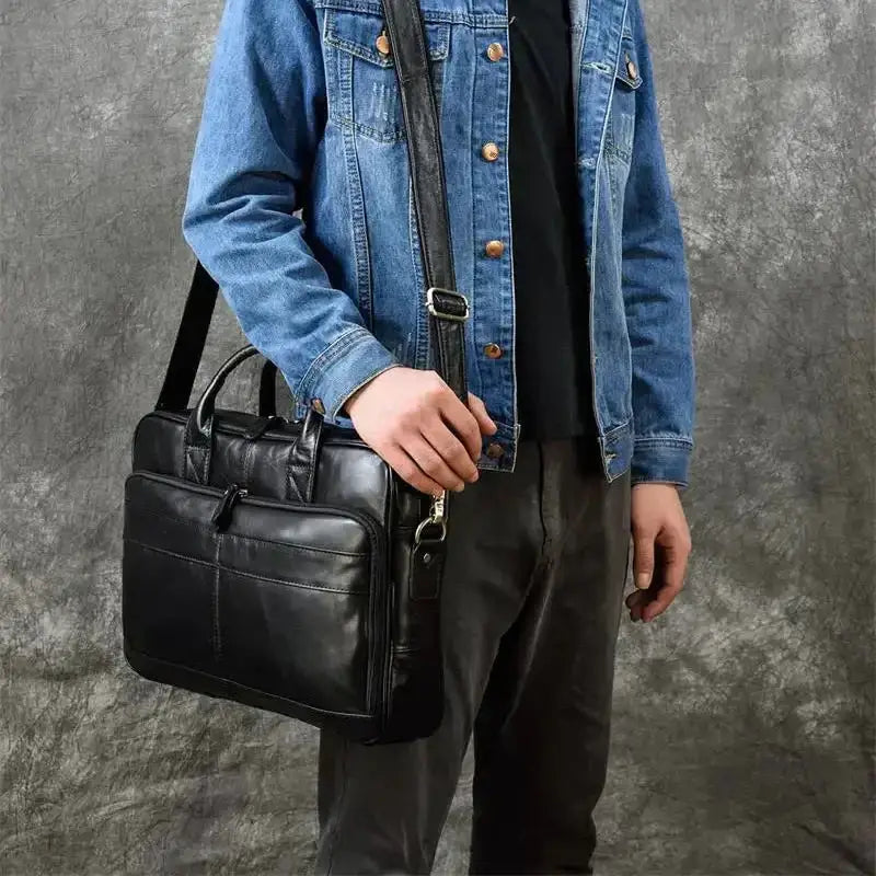 Men’s Polished Leather Briefcase – 15 Inch Professional Office Bag
