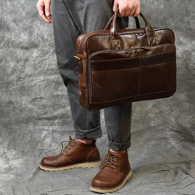 Men’s Polished Leather Briefcase – 15 Inch Professional Office Bag