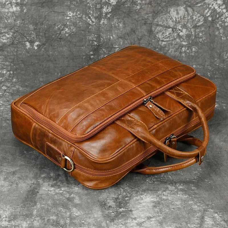 Men’s Polished Leather Briefcase – 15 Inch Professional Office Bag