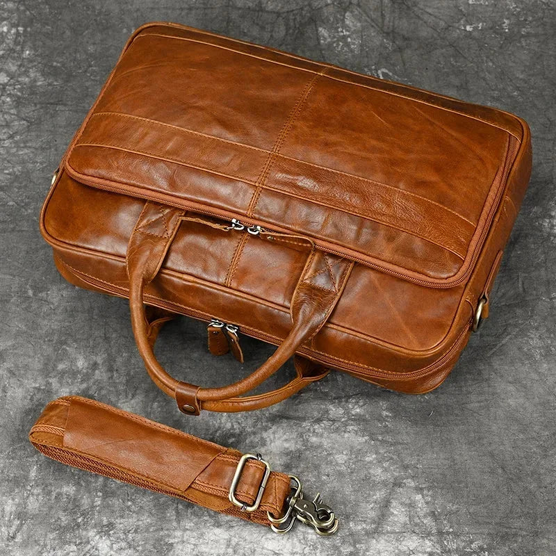 Men’s Polished Leather Briefcase – 15 Inch Professional Office Bag
