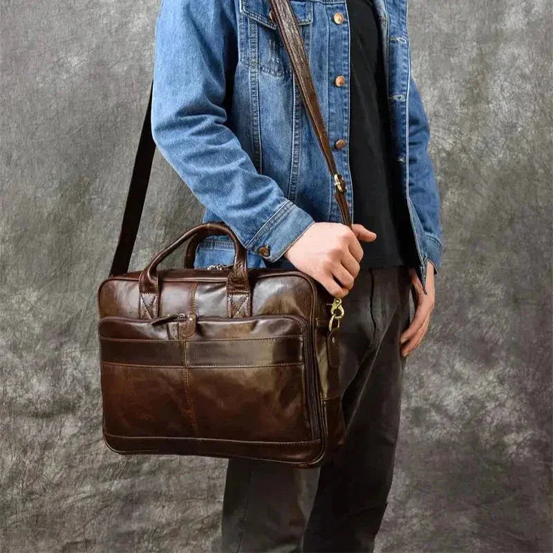 Men’s Polished Leather Briefcase – 15 Inch Professional Office Bag